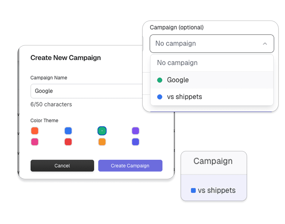 Campaign management dashboard showing active campaigns with performance metrics and color-coded organization