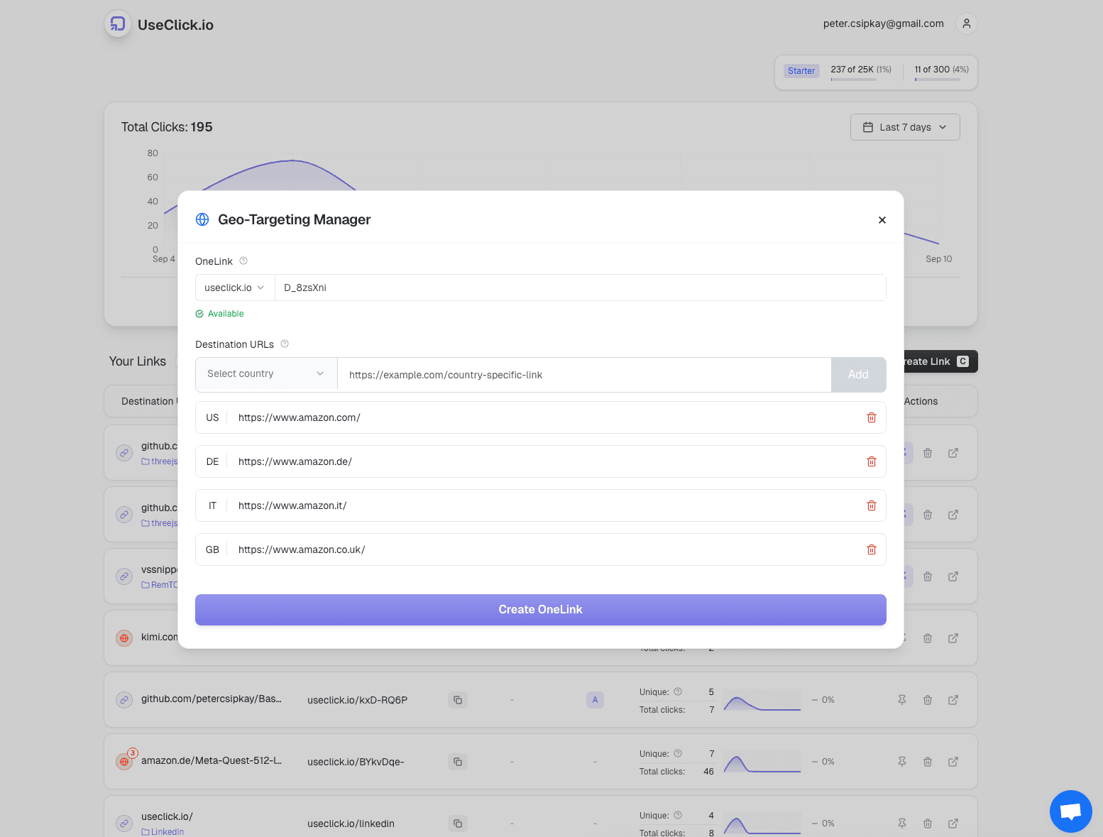 Geo targeting interface showing location-based link configuration