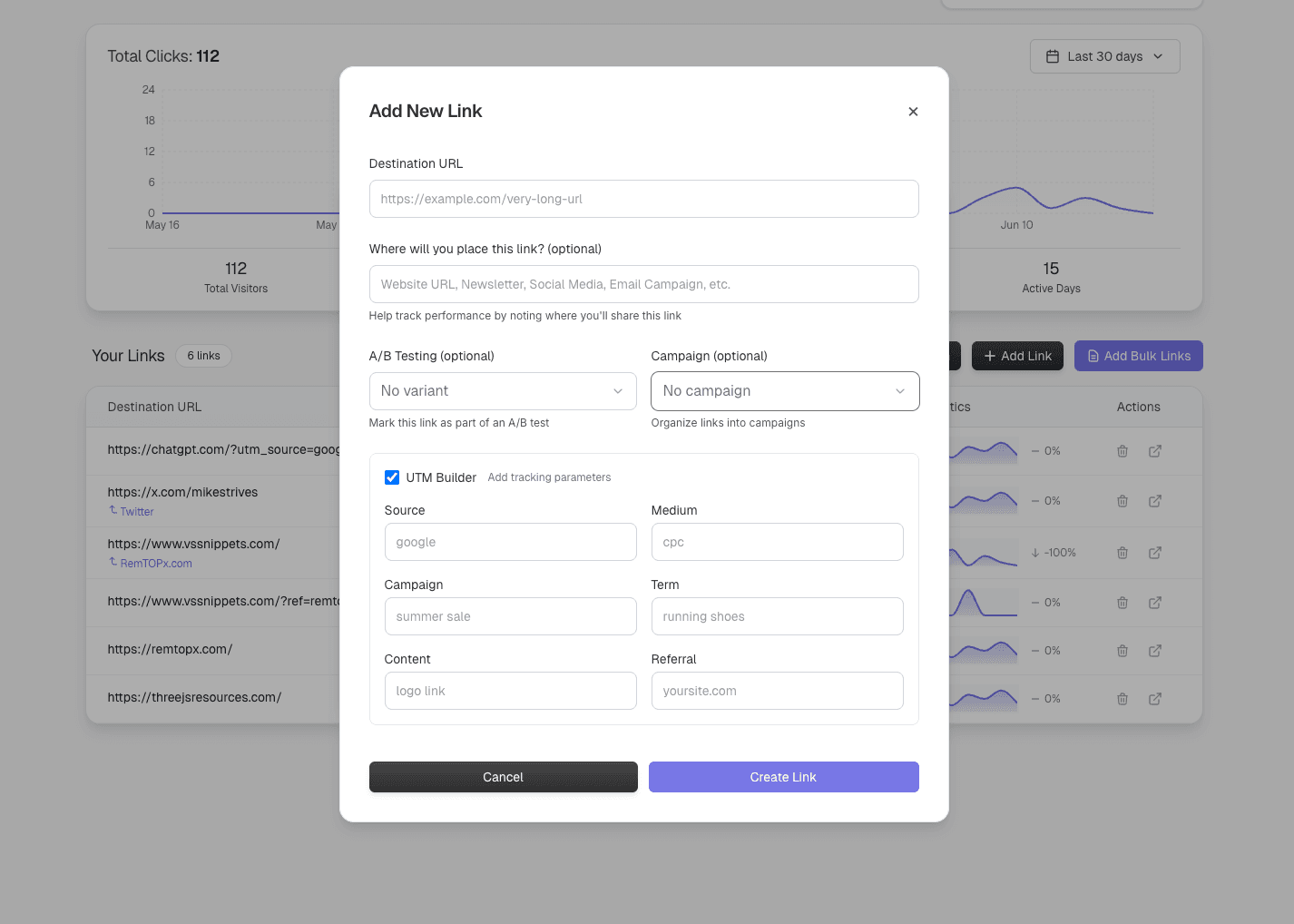 Link management interface showing organized links with tags, categories, and performance metrics