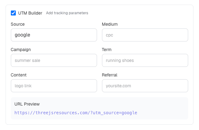 UTM builder interface with parameter input fields and preview of generated tracking URLs